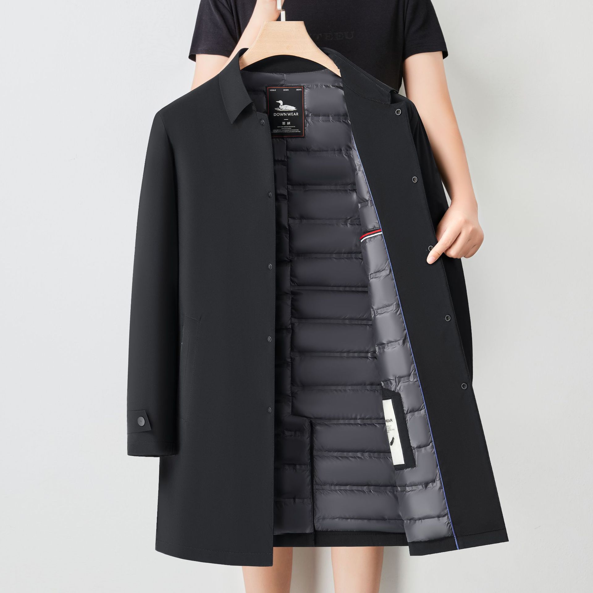 

Мужская осенне-зимняя куртка с пухом средней длины для мужчин среднего и пожилого возраста, одежда для отца, деловой кэжуал, верх с лацканами, наполнитель из белого утиного пуха 195 чёрный