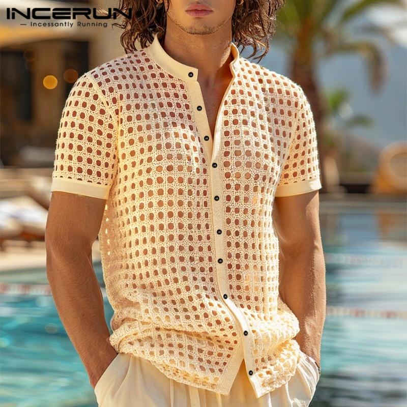 INCERUN Men Short Sleeve Buttons Up Mesh See Through Beach Shirts Tops