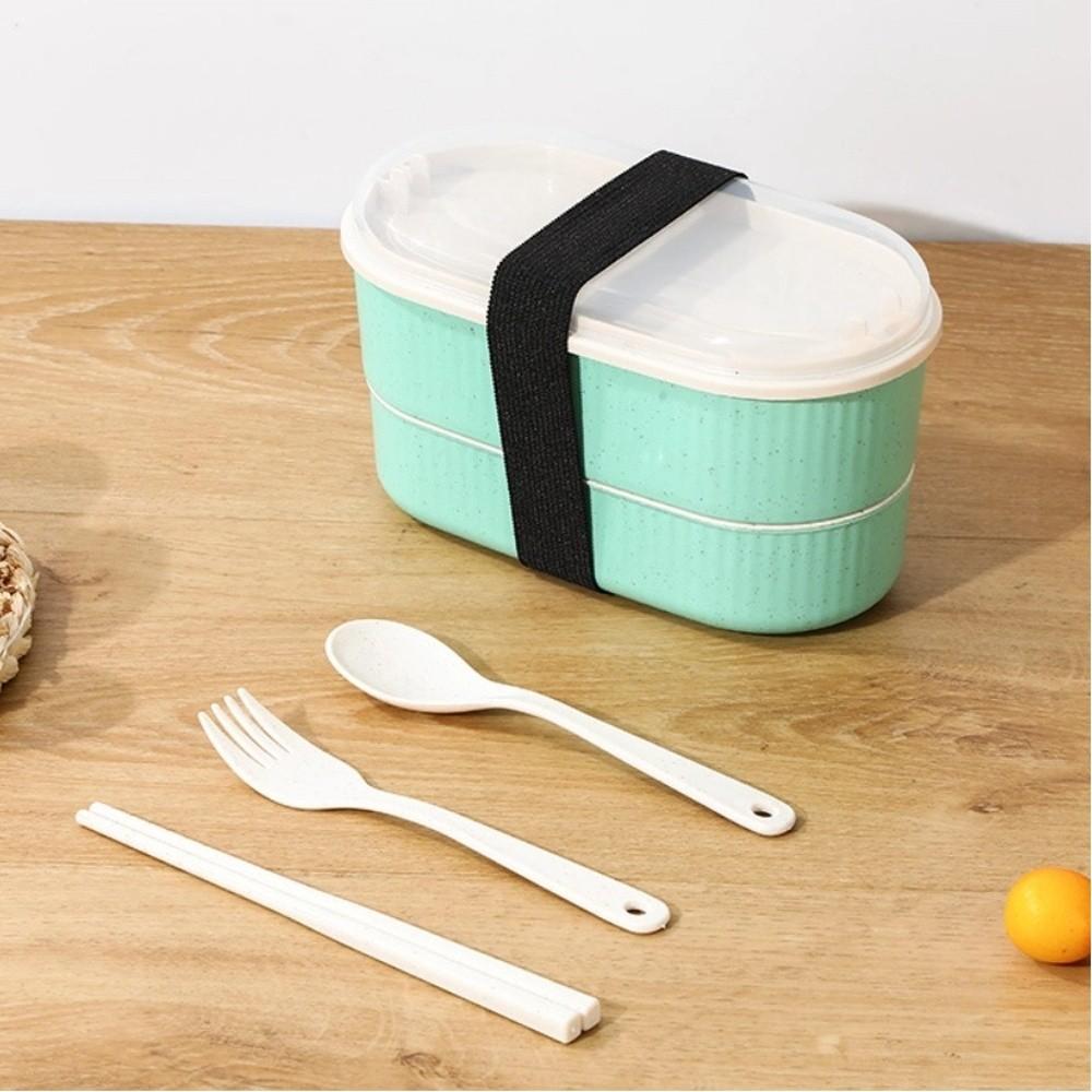 Portable Double Layer Lunch Box with Fork and Spoon Microwave Food Storage Boxes Leakproof High Capacity Dinnerware Set