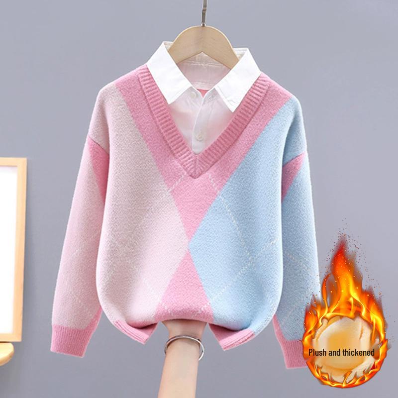 Girls' Knitted Two-Piece Sweater - Spring/Autumn Spliced Style for Children