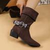 Women Wide Tube Two-Way Wearable Western Cowboy Boots Pointed Toe Mid-Calf Boot with Collar Flip Design Versatile Chunky Heel