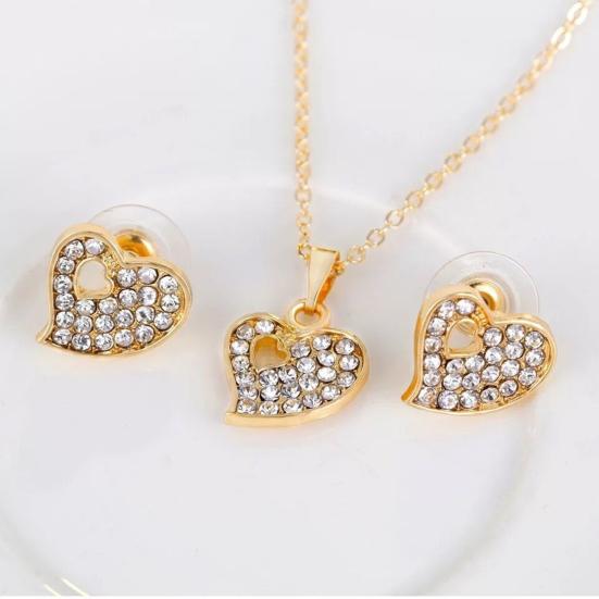 4 Pcs/Set Women Jewelry Heart Shape Rhinestone Inlay Golden Color Shiny Lady Bracelet Ring Set for Wedding