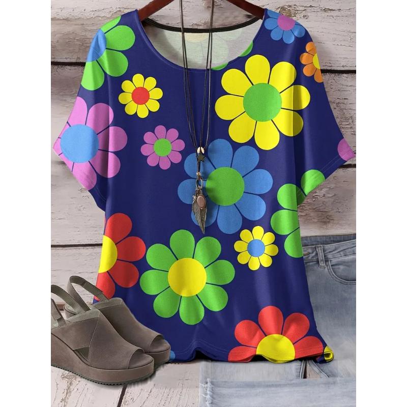 Camiseta de Manga Corta con Cuello Redondo y Estampado Floral 3D para Mujer