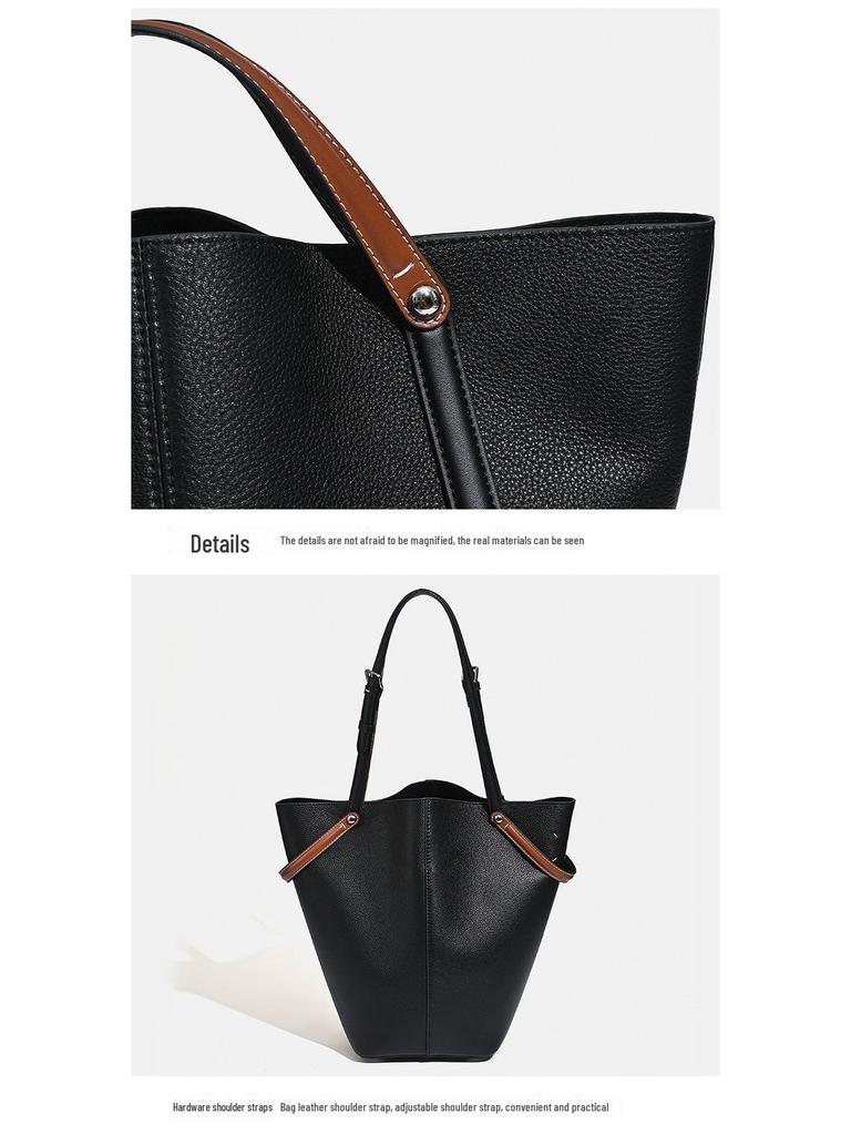 2025 Women's MM6 Equestrian Tote: Large-Capacity Cowhide Handbag, Stylish Commuter Bucket Bag