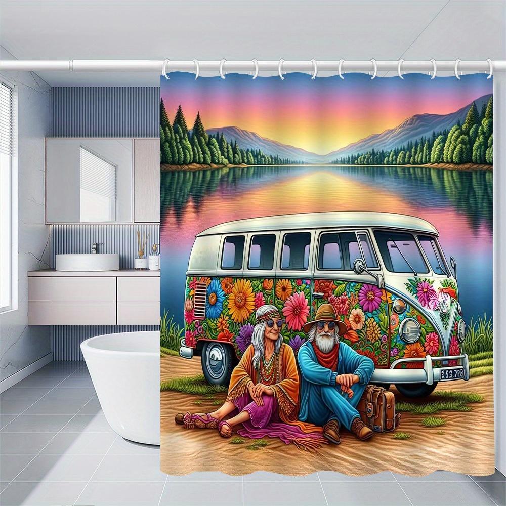 1pc Camp Out Shower Curtain - Vintage Camper Van Nature Scene Design, Durable Polyester Fabric, Machine Washable Bathroom Decor