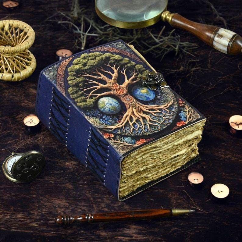 Vintage Leather Journal, Tree of Life Fat Journal, Blank Spell Book of Shadows Celestial Gifts For Him Her