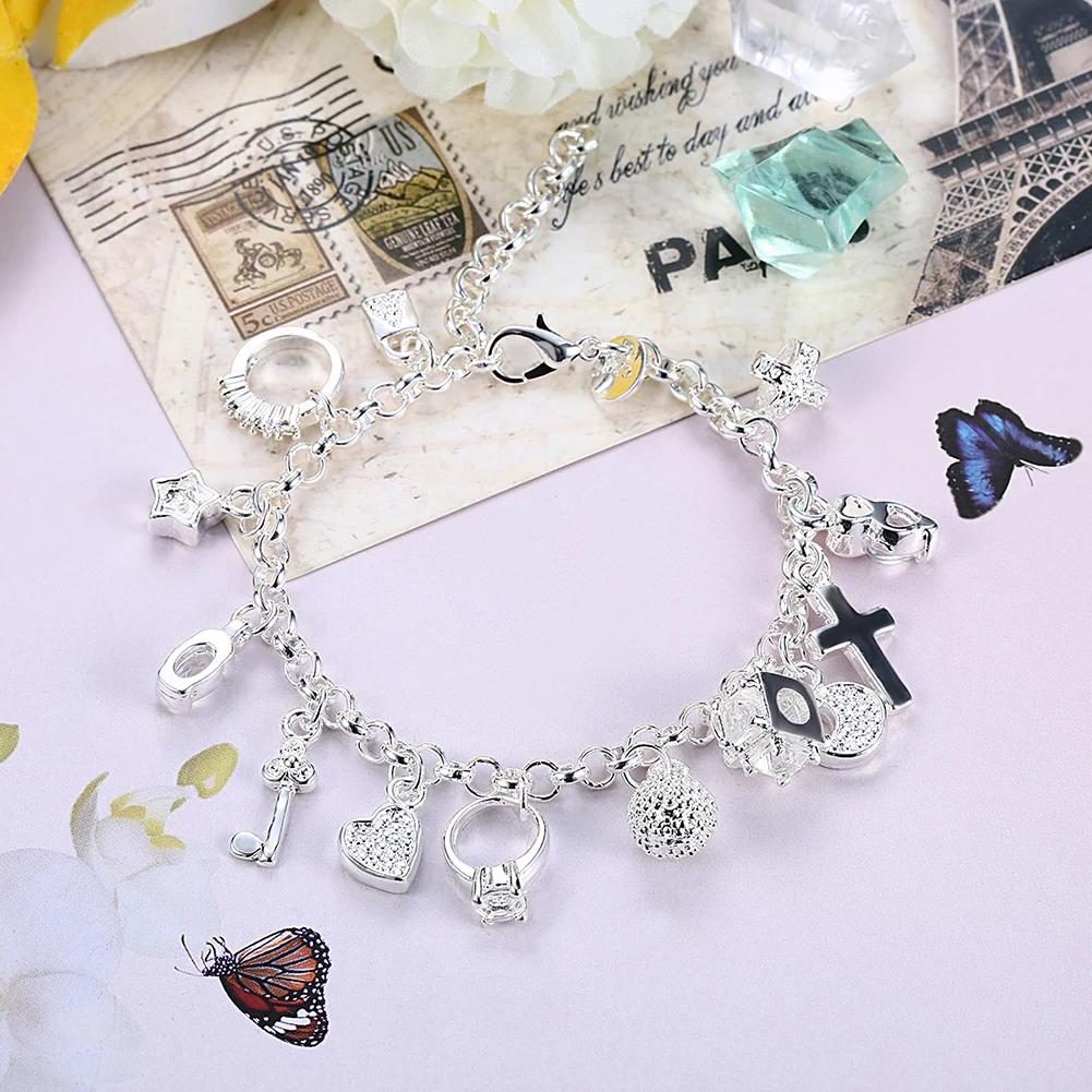 925 Silver Heart Zircon Pendant Bracelet for Women Wedding Party Jewelry 20cm