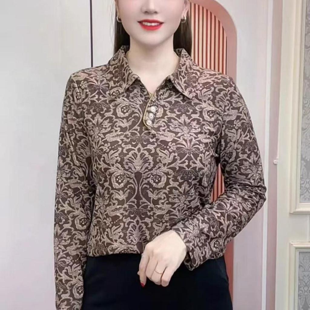 Autumn/Winter Long-Sleeve Print Shirt for Comfort & Style - Age-Reducing & Tummy-Covering for Middle-Aged/Elderly.