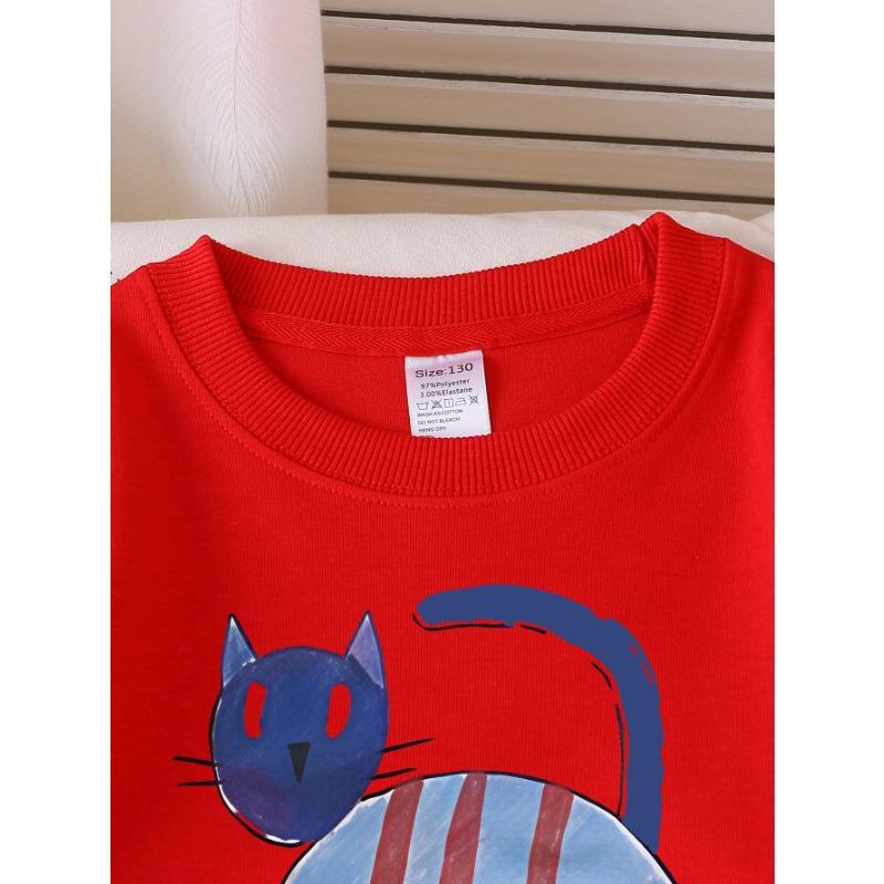 European sizes Girls' Long-Sleeve Round Neck Printed Sweatshirt "Blue Cat Print", Spring and Autumn, Casual, Versatile for Daily and Sports.