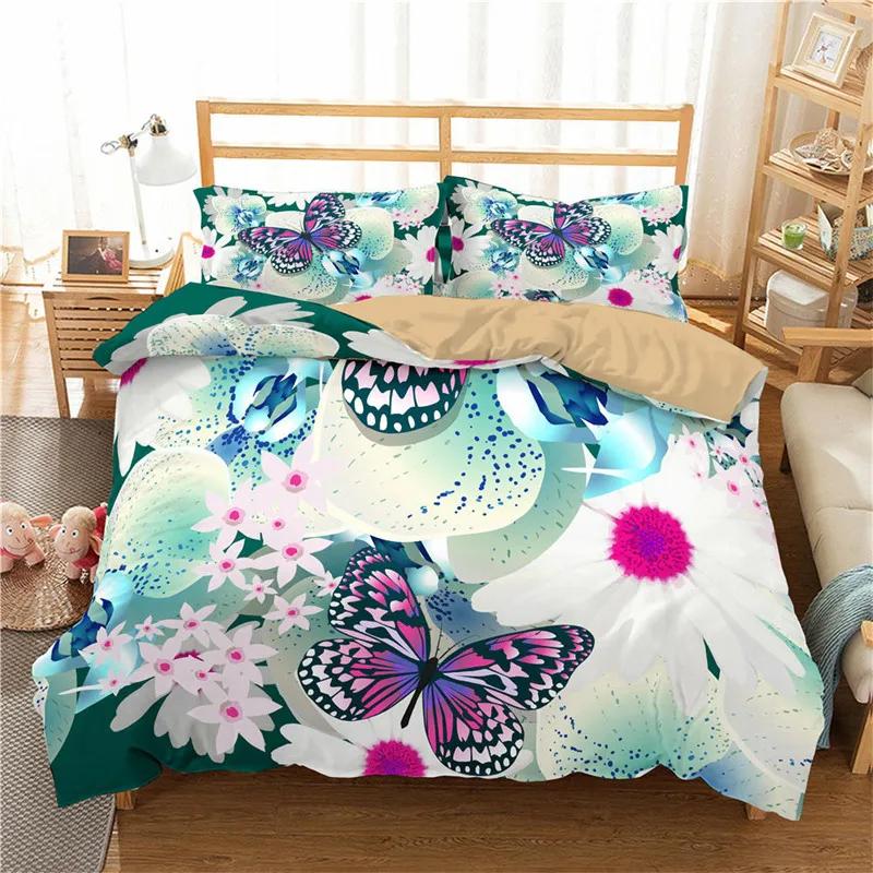 Comforter Floral Butterfly Flower Bedding Set Full King For Girls Women Botanical Flowers Comforter With 2 Pillow Cases