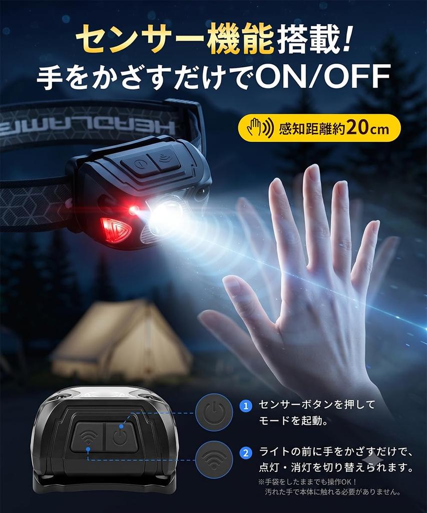 Rechargeable LED High Lightweight 7 IPX6 Battery Level Ideal for and Emergency Headlight, Brightness, Sensor, (approx. 75g), Modes, Waterproof,