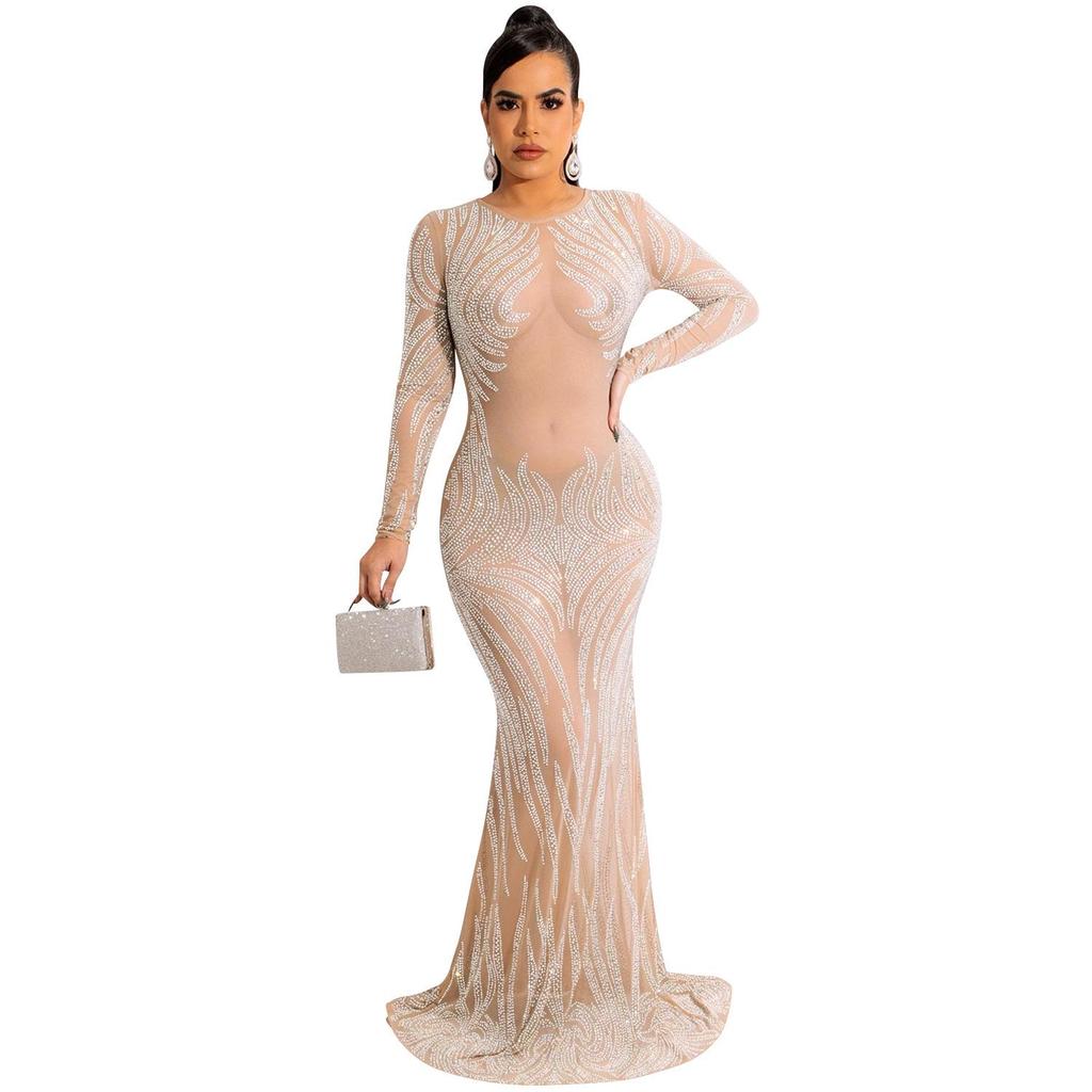 Rhinestone Mesh See-through Long Sleeve Nightclub Dress