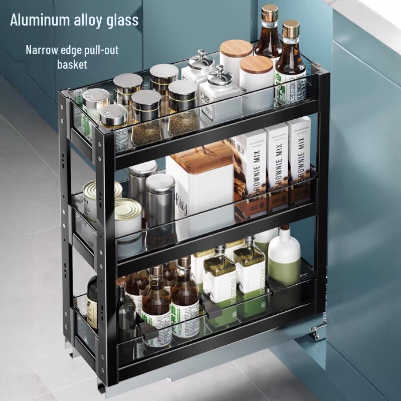 

Modern 3-Tier Black Glass Pull-Out Spice Rack for Narrow Cabinets