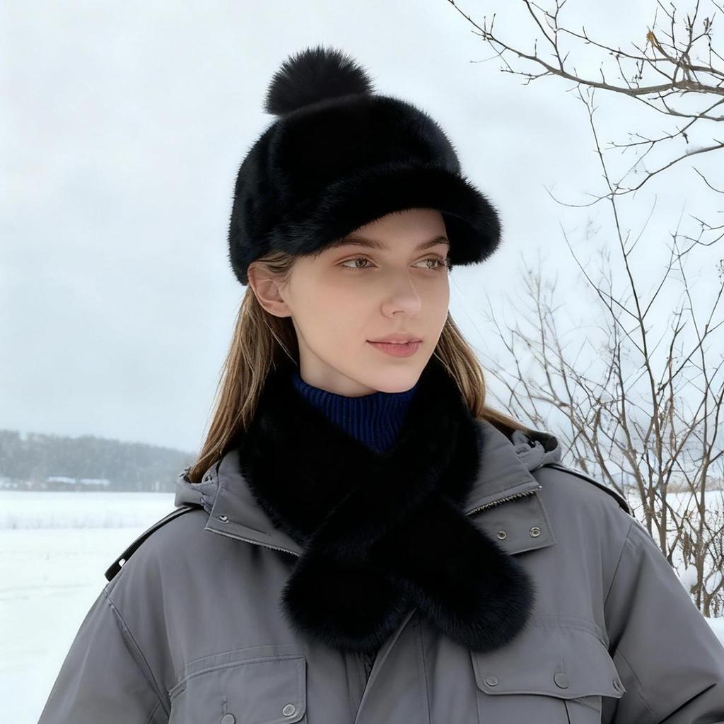 Autumn Winter Faux Mink Fur Baseball Cap for Women with Pom Pom, Faux Fur Warm Fleece Hat Scarf Set For Outdoor Travel