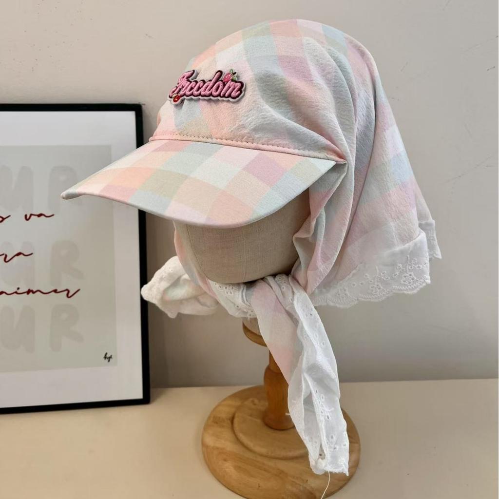 Color plaid small fresh headgear spring and summer anti-ultraviolet large head circumference shows the face small headscarf hat fashionable