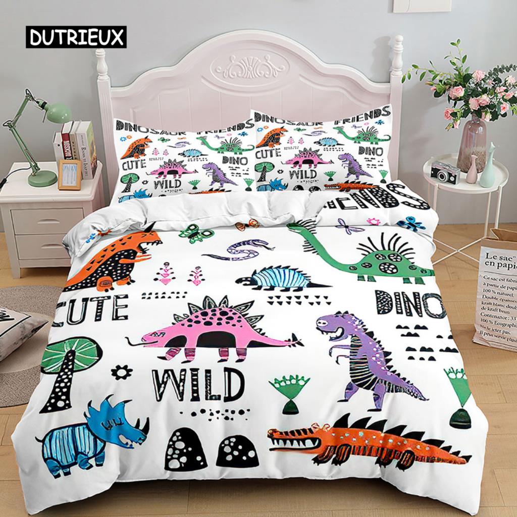 Cartoon Dinosaur Duvet Cover 3D Kawaii Animal Boy Bedding Set for Kids Girls Soft Microfiber Quilt Cover with Zipper Closure