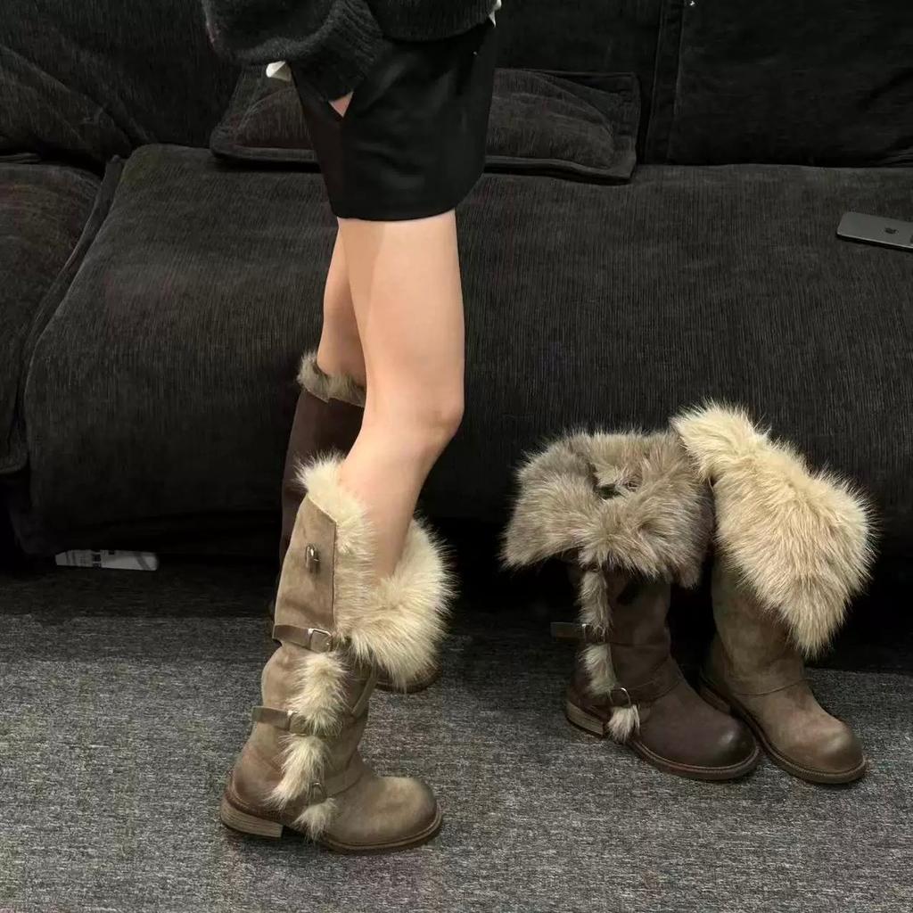 Dámské měkké elastické silné podrážky zimní kožešinová integrace teplé protichladové polstrované sněhule protiskluzové nošení ležérní sportovní vysoké trubkové kožešinové bavlněné boty