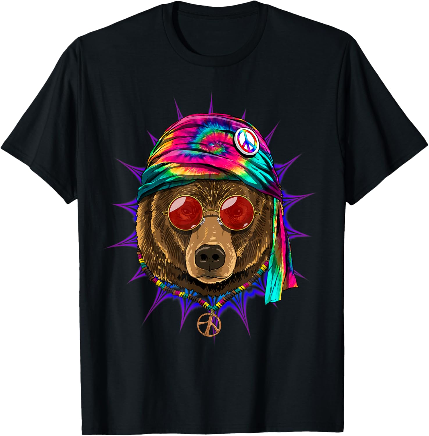 

Tie Dye Hippie Bear Peace Sign Graphic T-Shirt Men Casual Cotton Short Sleeve Tee 4XL