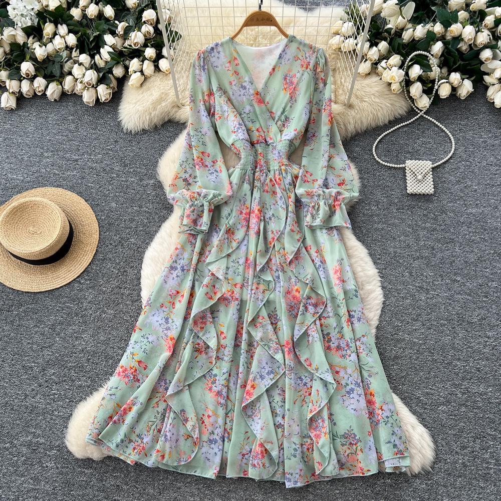 Französisches Retro V-Ausschnitt Langarm Blumen Chiffon Kleid Damen Herbst Taille Temperament Lotusblatt-Rand Langer Rock