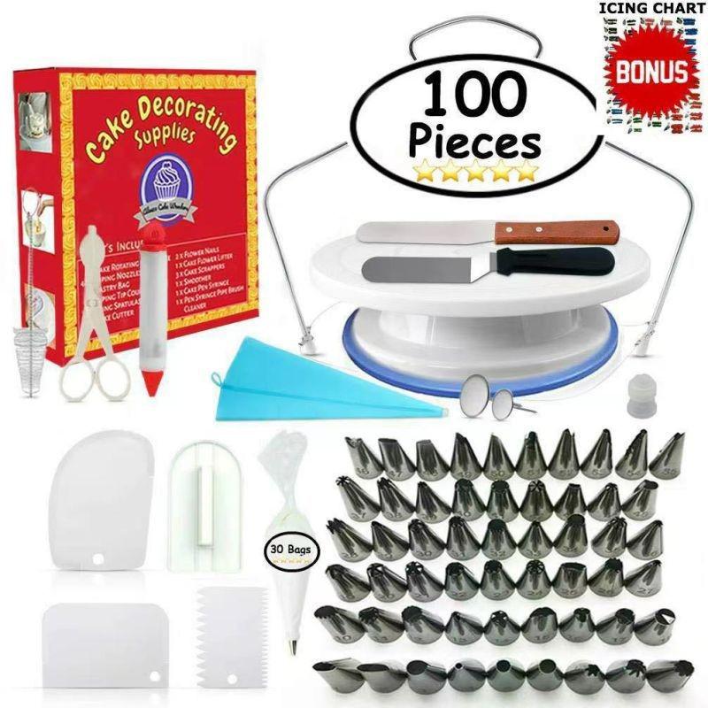 137-Piece Cake Decorating Set with Turntable, Piping Nozzles, Layering Cutter, and Baking Tools