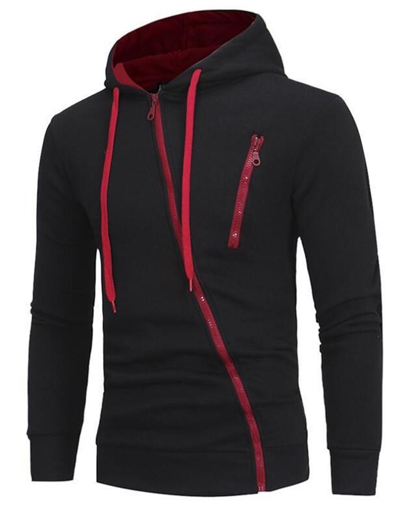 New Style Asymmetrical Zipper Slim-Fit Hooded Men's Sweatshirt Jacket W01