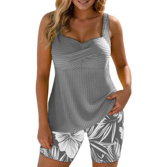 2 шт./комплект Женский купальник Топы на бретельках с подушечками Лиственный принт Плавки-шорты Комплект Быстросохнущая ткань Пляжная одежда для отпуска S