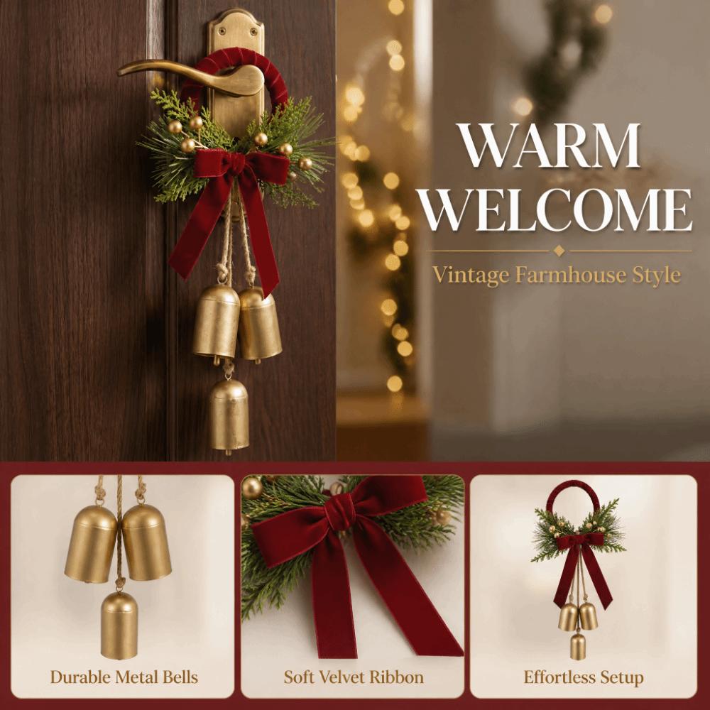 Pine Needles Xmas Doorknob Hanging Bell Vintage Velvet Bow Bell Ornament Christmas Tree Decor