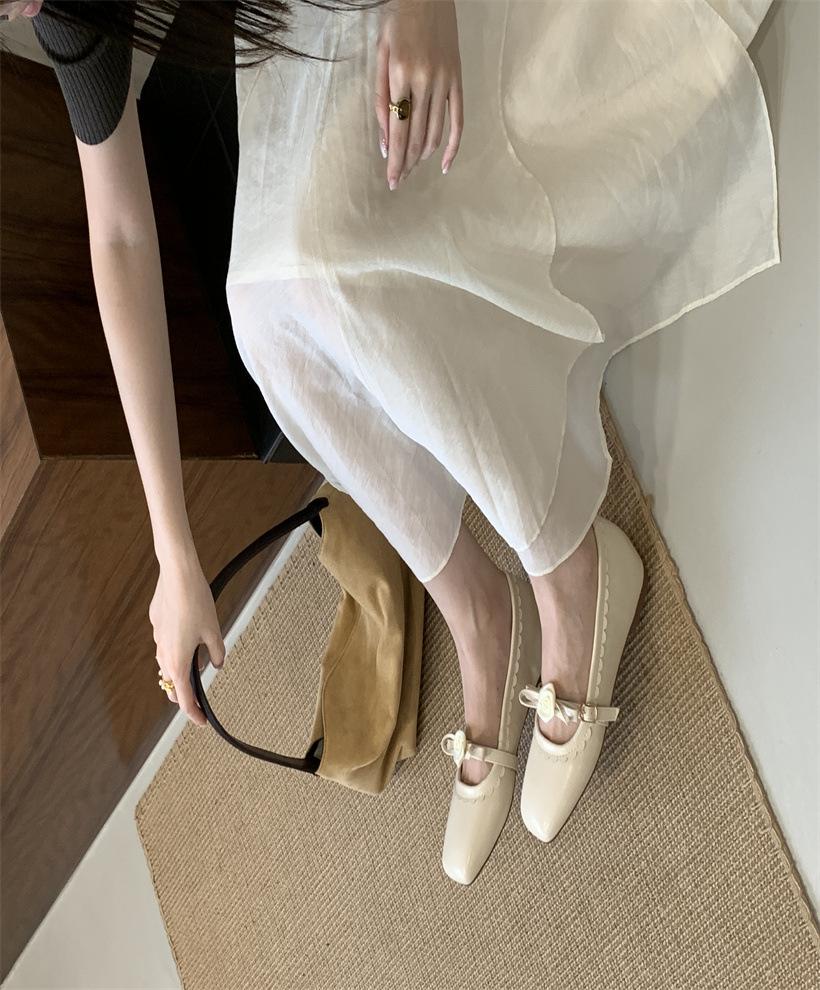 

~ French retro leather shoes round head single shoes women s word with bow flower shallow mouth Mary Jane shoes 39 абрикосовый