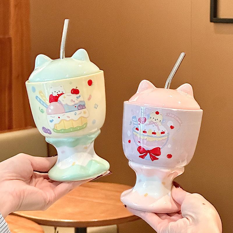 Cute Cat Goblet High Value Straw Water Cup Girls Birthday Gift Souvenir Practical Gift Box