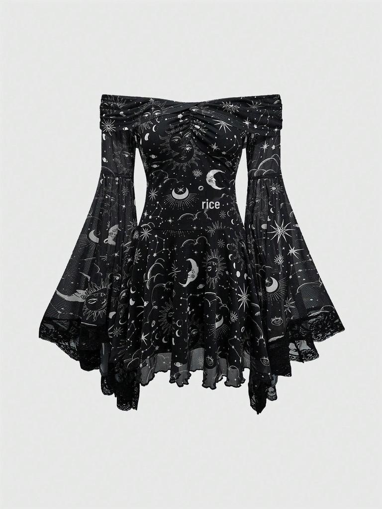Gothic Star Moon Off-Shoulder Bell Sleeve A-Line Dress