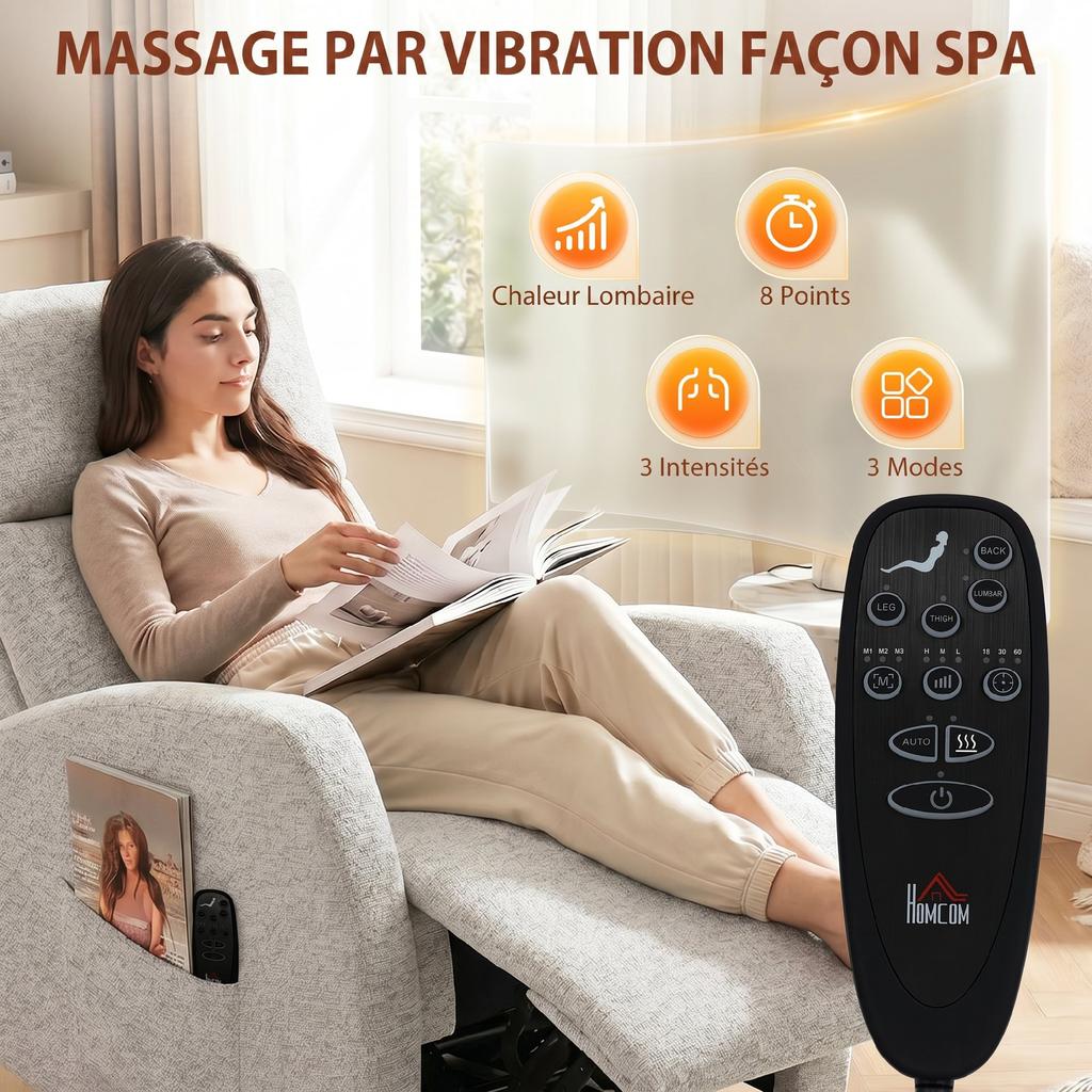 Reclining Massage and Heating Chair, Chenille, 360 Swivel, Cream