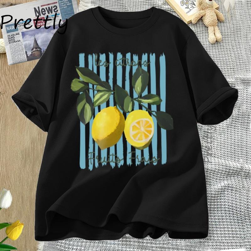 Sommer Zitrone T-Shirt Vintage Cottagecore Französisches T-Shirt Baumwolle Zitrone T-Shirt Urlaub Strand T-Shirt Lässige Kurzarmtops