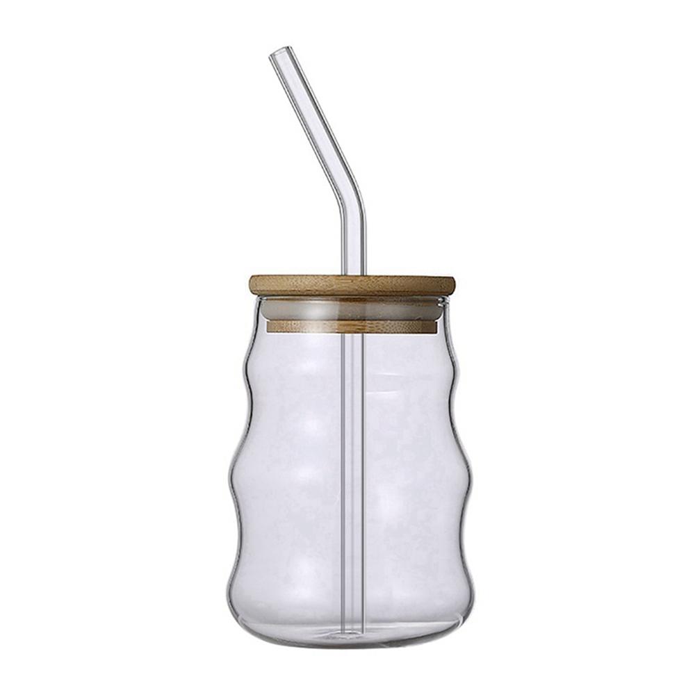 Glass Cup Straw Cup with Lid Striped Glasses Water Cup Coffee Cup Milk Cup