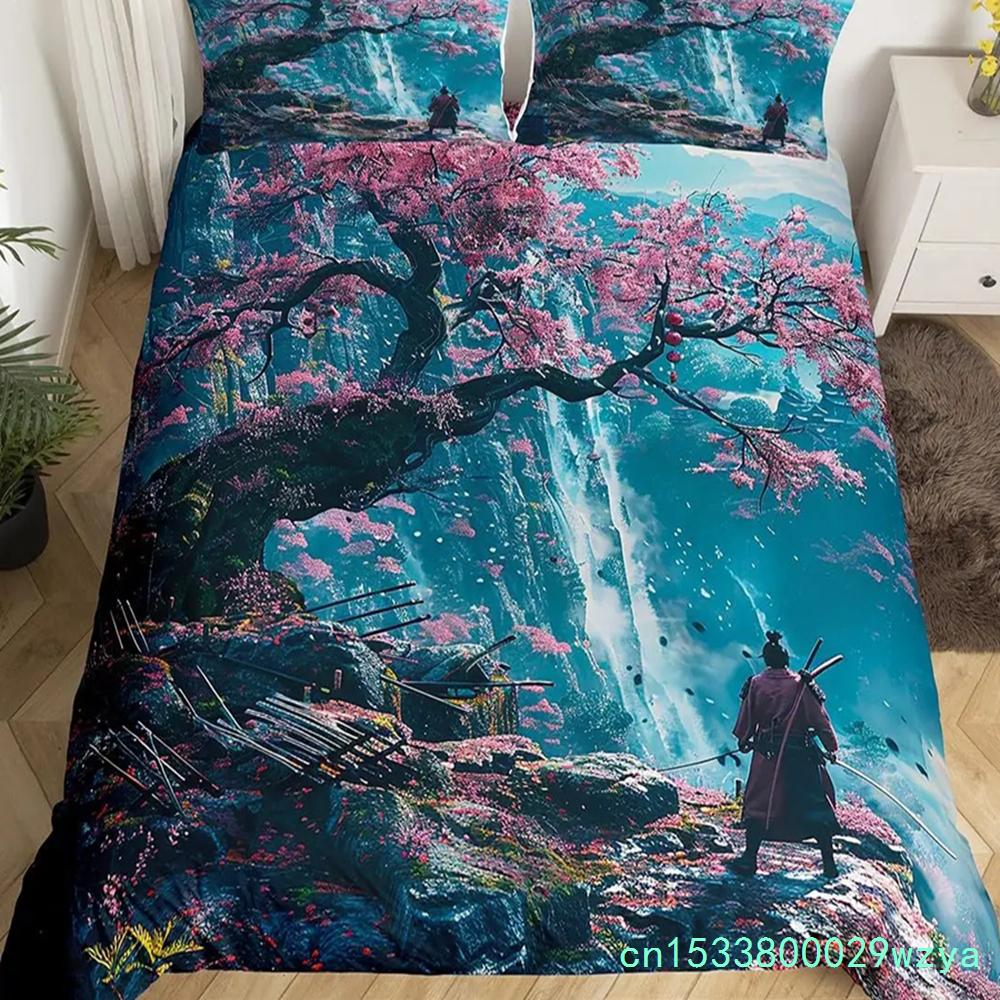 Japanese Samurai Bedding Set Full Size Cherry Blossoms Comforter Cover Red Sun Hokusai Duvet Cover Fuji Mountain Quilt Cover