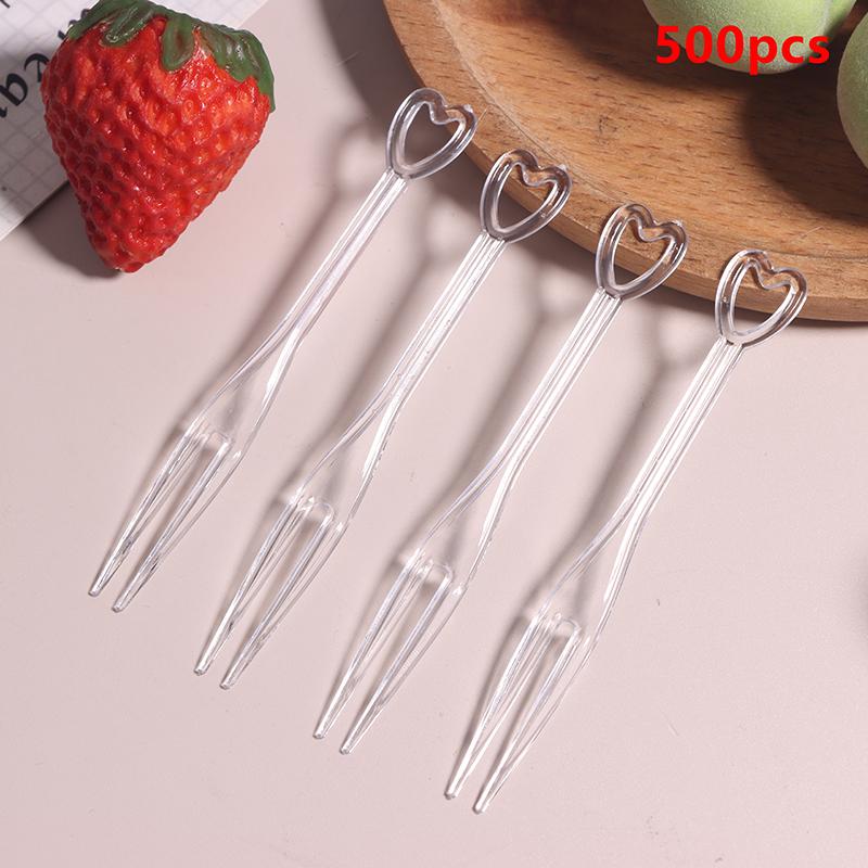 500Pcs Mini Disposable Heart Fruit Fork Mini Snack Cake Dessert Home Dining Plastic Food Fruit Pick Toothpick Bento Party Decor