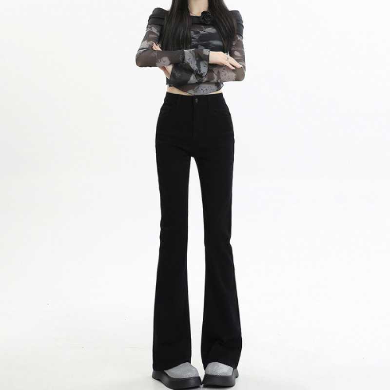 Women s High-Waisted Black Stretchy Slim Micro-Flare Jeans with Velvet Lining L