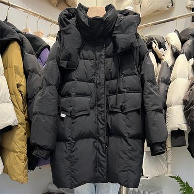 2024 Inverno Nova Versão Coreana Casual Com Capuz Médio e Longo Jaqueta Feminina Branca Duck Down Quente Solta Jaqueta Espessada