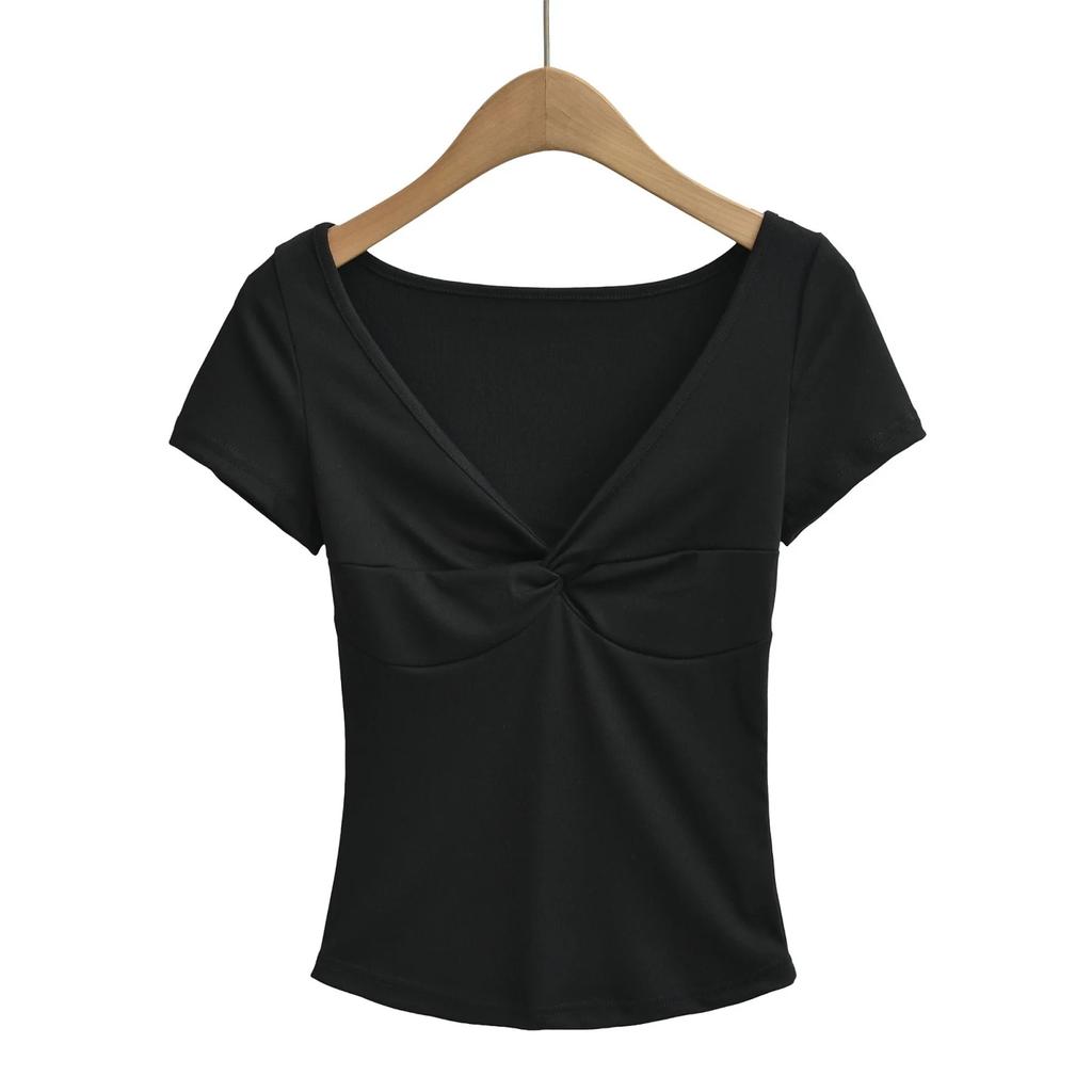 V-neck Pleated Short-sleeved T-shirt Women's Summer New American Spice Girl Solid Color Retro Casual Slim-fit Bottoming Top