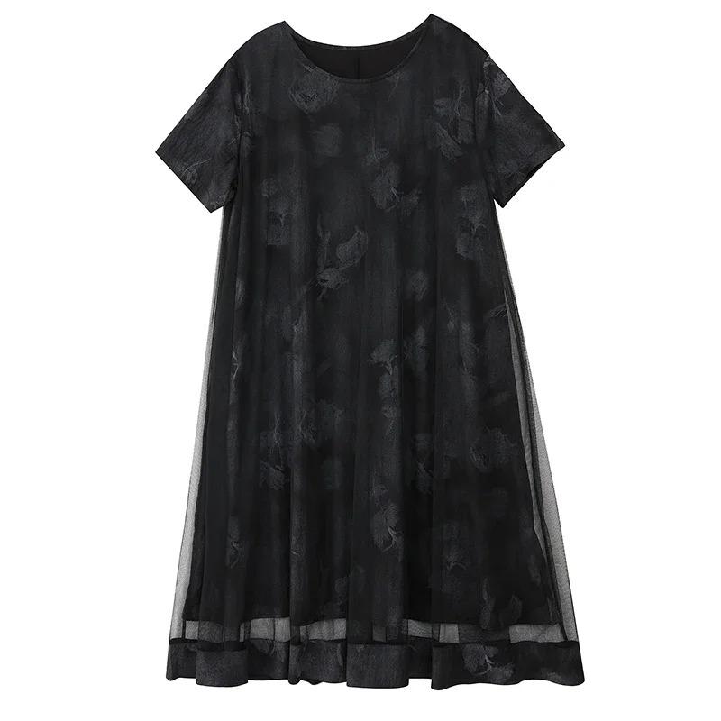 

XITAO Loose Mesh Patchwork Print Female Dress ZMY1250 One Size чёрный