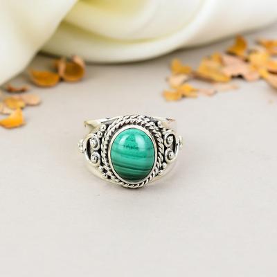 Inel Boho din Argint Sterling 925 cu Malahit de Formă Ovală, Piatră Prețioasă Verde, pentru Femei