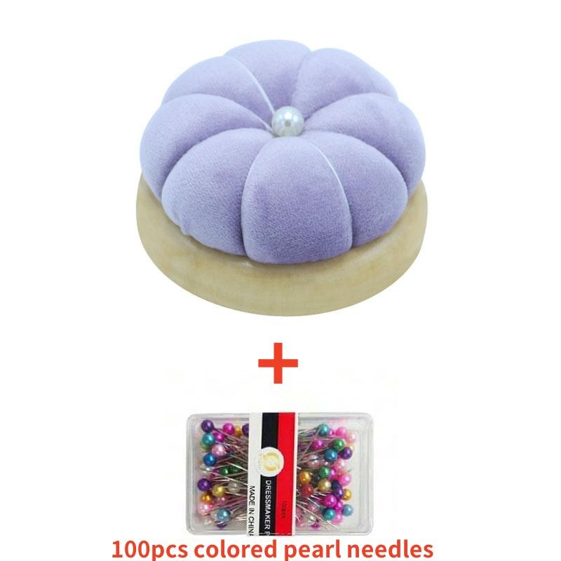 1Pc Wooden Solid Color Pumpkin Shape Pincushions Needle Cushion+100pcs Pearl Head Needle DIY Sewing Crafts