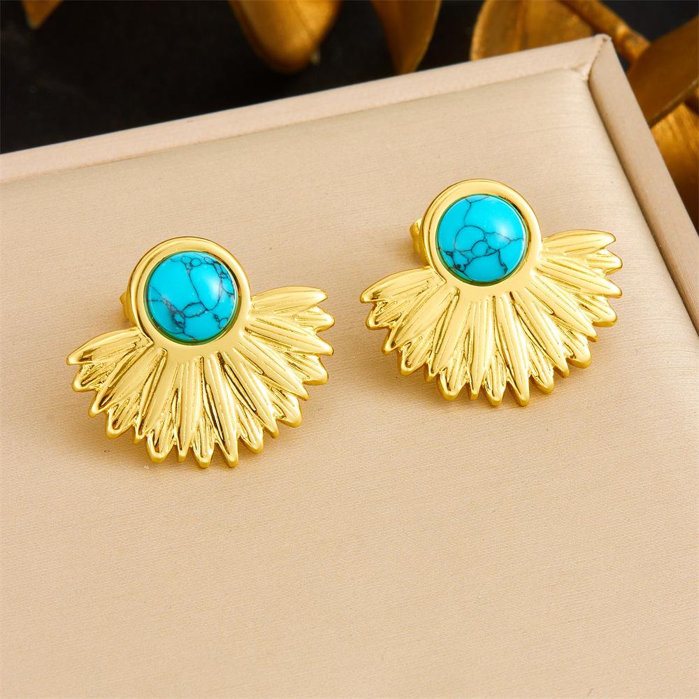 Vintage Heart Fan Shape Blue Turquoise Pearl Drop Earrings Necklace Set with Fashion Gold Accents