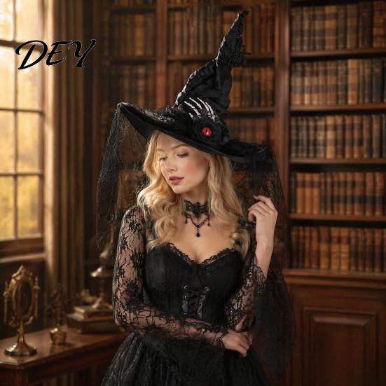 Theater Stage Performance Gear Halloween Witch Hat for Women, Gothic Spider Web Mesh Skeleton Hand Dark Magician Cosplay Headwear Rose Flower
