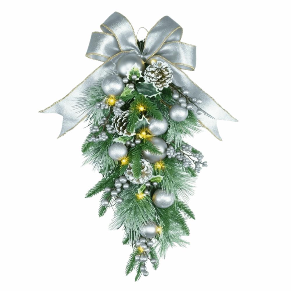 Realistic Artificial Christmas Wreath Pine Needles Droplet Style Wall Hanging Christmas Garland Teardrop Shape Red Berries