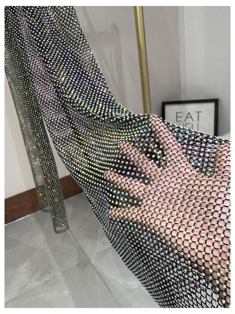 Letní sexy síťované kalhoty s výřezy a kamínky se širokými nohavicemi do nočního klubu