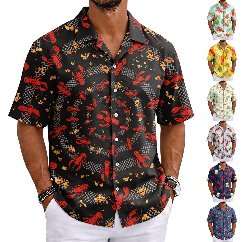 Camicia da uomo estiva basic con colletto cubano a maniche corte, bottoni, casual, leggera, stampa hawaiana con aragoste