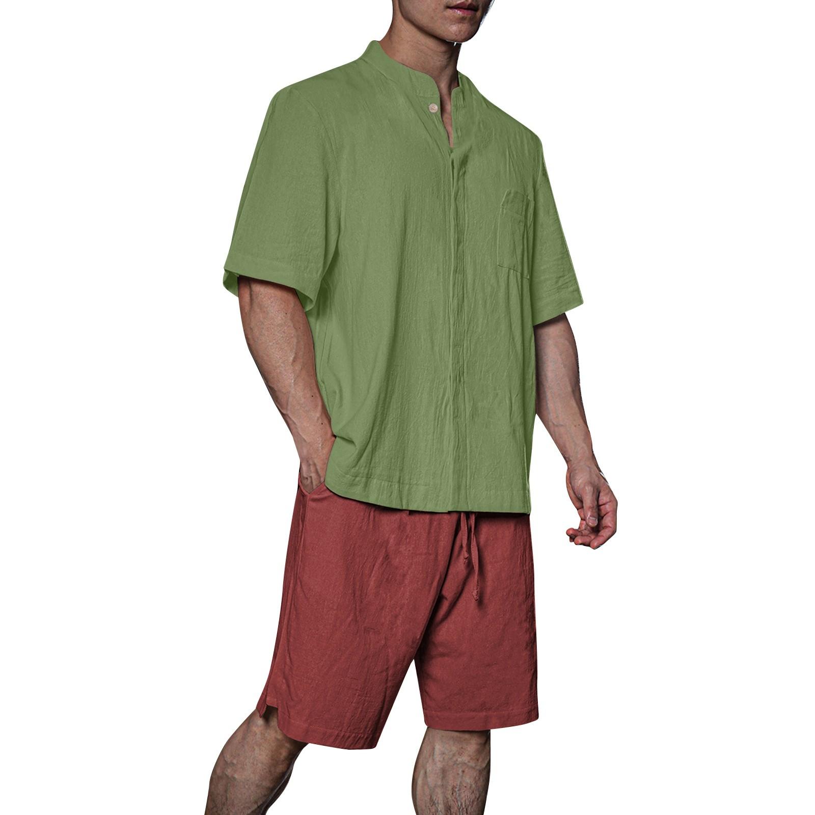 

Мужская однотонная рубашка без воротника с карманами из хлопка и льна на четверть пуговицы M зелёный