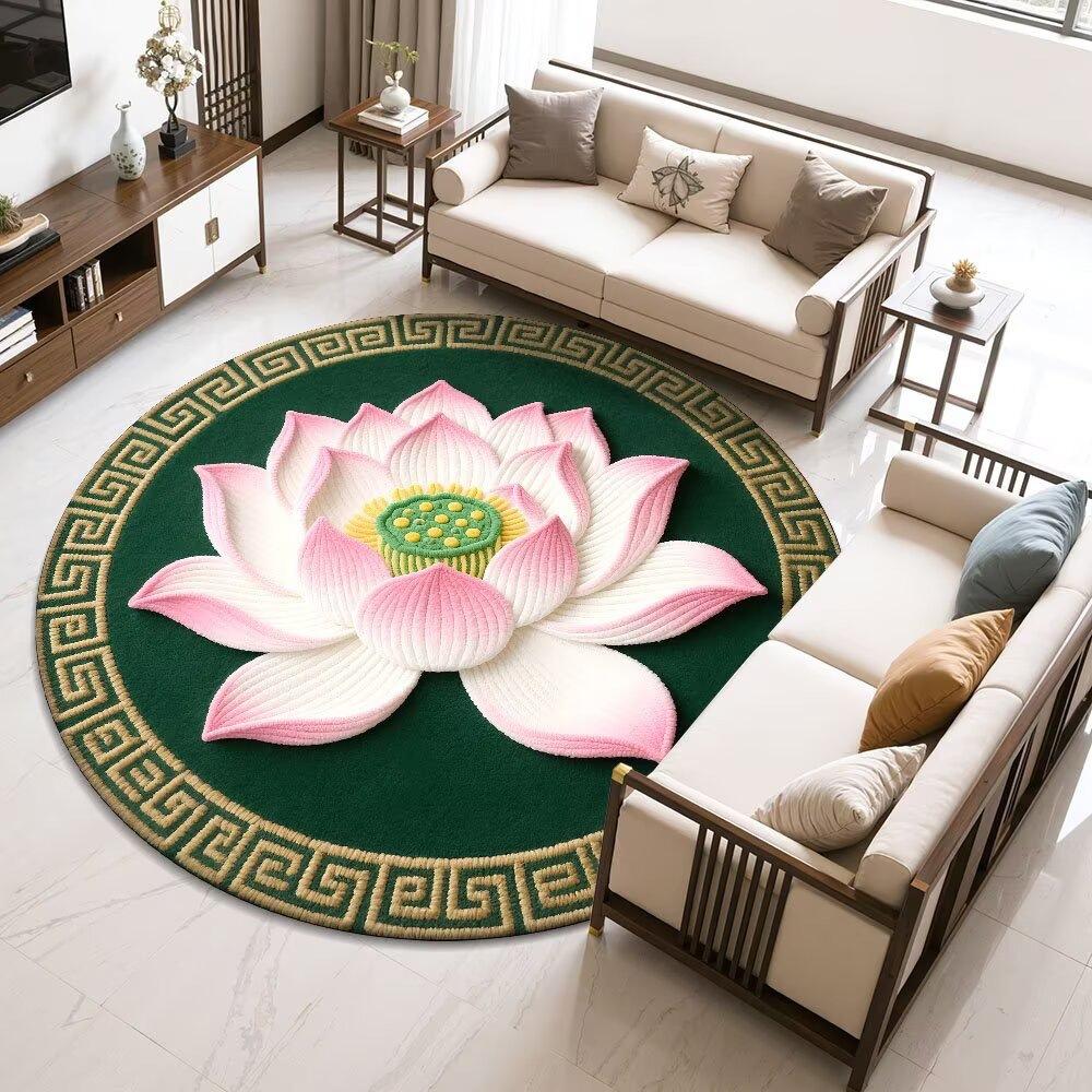 Lotus-Round Rug – Easy-Clean Meditation  Living Room Decor Rug with Chinese Floral Motif