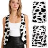 Women Western Cowgirl Halloween Masquerade Party Costume Cow-spot Print Flannel Vest V Neck Open Front Sleeveless Tank Top