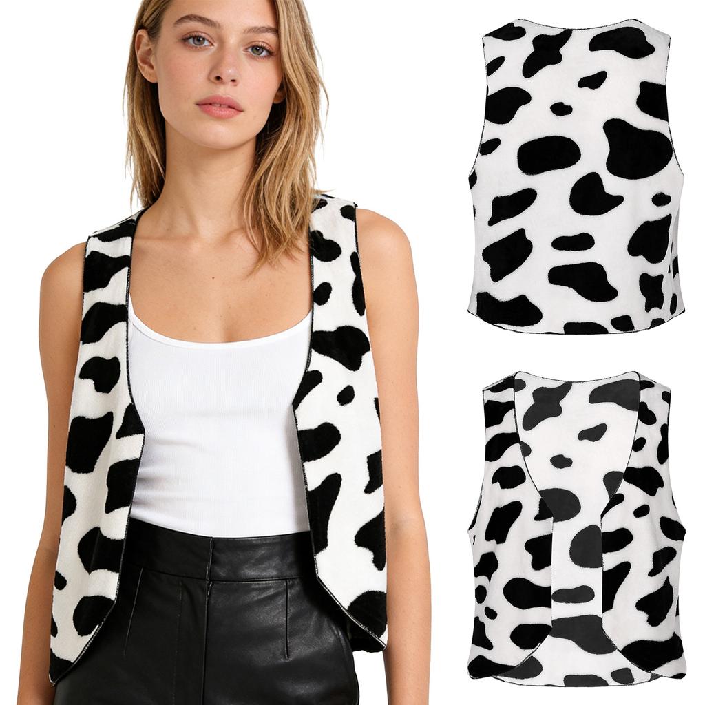 Women Western Cowgirl Halloween Masquerade Party Costume Cow-spot Print Flannel Vest V Neck Open Front Sleeveless Tank Top